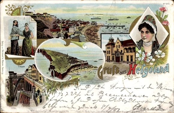 lito Helgoland w Szlezwiku Holsztynie, schody, słup, tradycyjne stroje, taniec