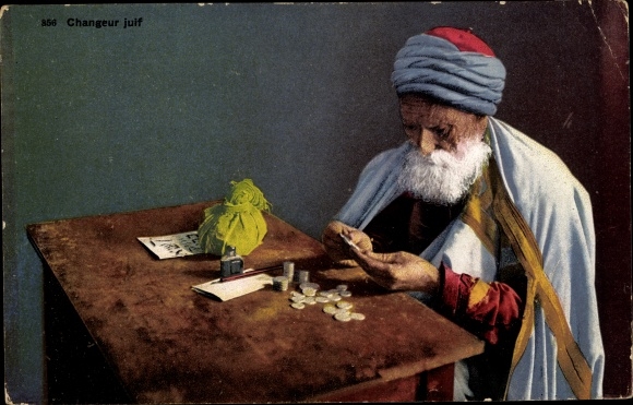 Judaika Postcard Jewish money changer