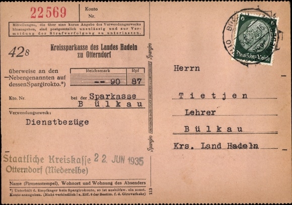 Ak Otterndorf an der Niederelbe, Überweisungsbeleg Kreissparkasse des Landes Hadeln zu Otterndorf