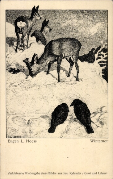 Artist Postcard Hoess, Eugen L., winter distress, deer, ravens, winter landscape