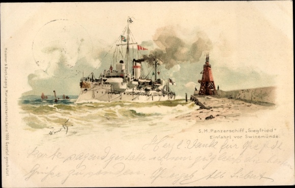 Artist Chromo-Litho Bohrdt, Hans, Swinemünde, German warship, SMS Siegfried, battleship