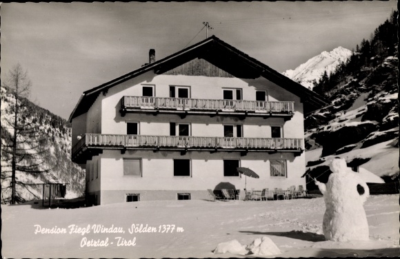 Postcard Sölden in Tirol, Pension Fiegl, snowman