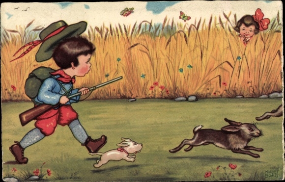 Artist PC child as a hunter, rabbit hunt, dog, Amag 0318