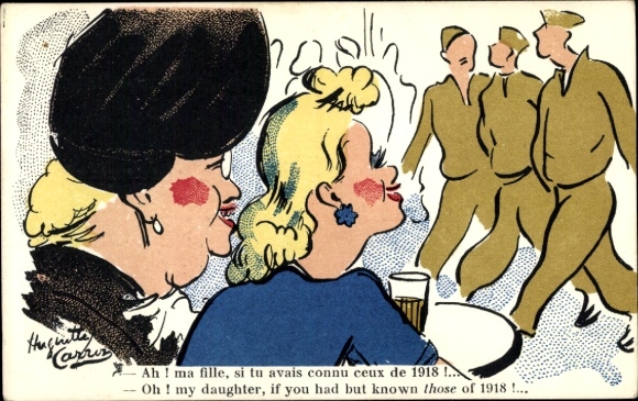 Postcard Dresden Altfranken, A young woman looks longingly after three soldiers while a...