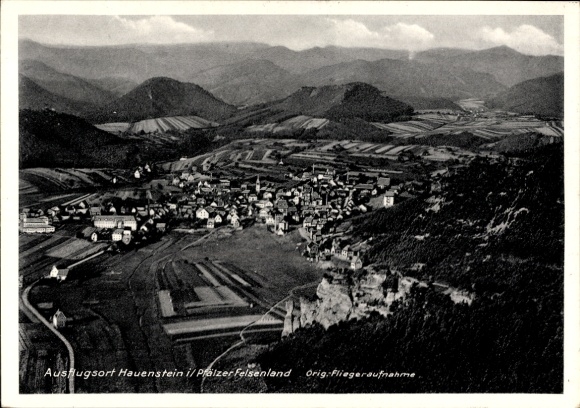 Postcard Hauenstein in the Palatinate, aerial photograph, Palatinate Rock Country, buildings, mountains