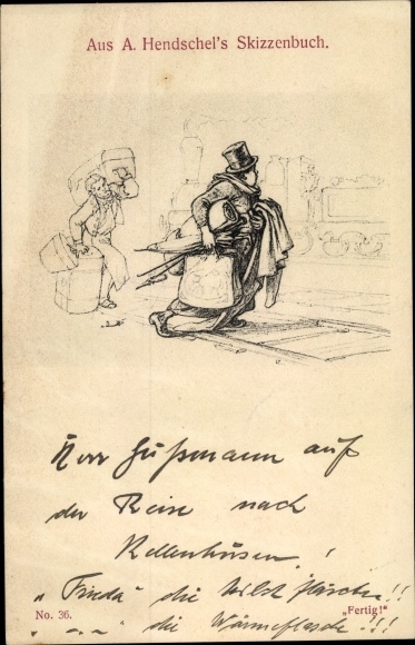 Kunstenaarskaart Hendschel, Albert, Klaar, reizigers met bagage