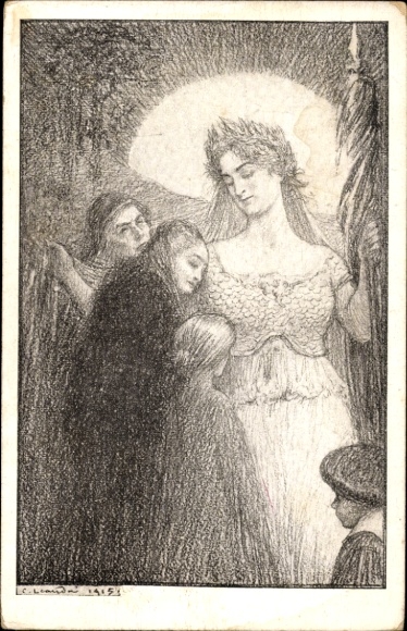 Artist Postcard People seek protection with Marianne, Allegory, Journée Francaise du Secours National