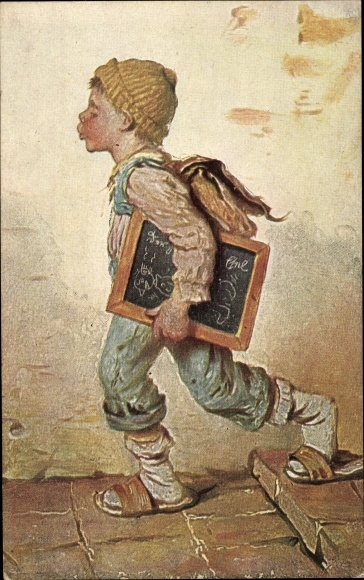Artist PC Kaulbach, Hermann, happy times, boy with slate and satchel