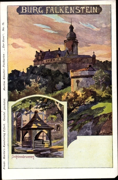 Kunstenaarskaart Bahndorf, Heribert, Falkenstein Harz, kasteel, kasteelfontein