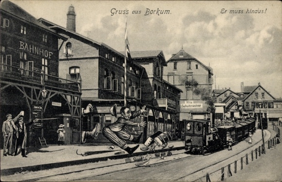 Ak Nordseebad Borkum in Ostfriesland, Er muss hinaus, Jude am Bahnhof