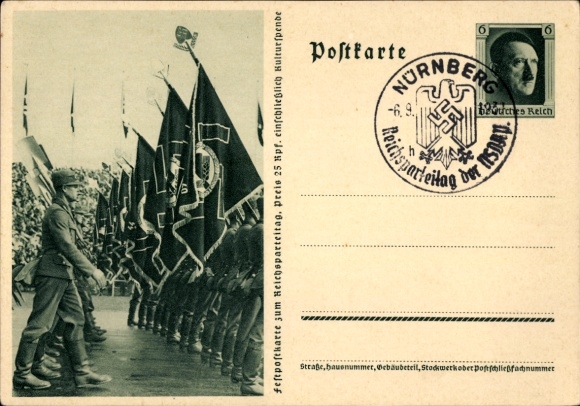 Postal stationery Postcard Nuremberg, Reich Party Rally 1937, Reich Labor Service, workers, RAD march