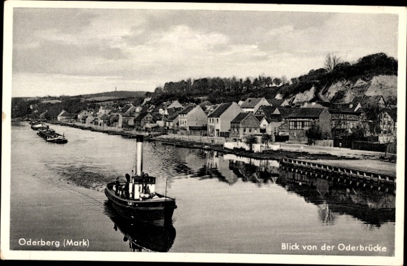 Postcard Oderberg in der Mark, view from the Oder bridge, ships, tug