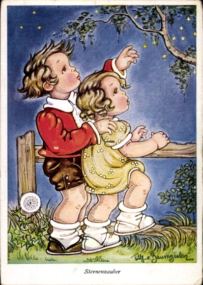 Artist Postcard Baumgarten, T. v., Star Magic, Children Observe Sky