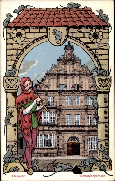 passe-partout ansichtkaart Hamelen aan de Weser Nedersaksen, rattenvanger huis, rattenvanger, ratten