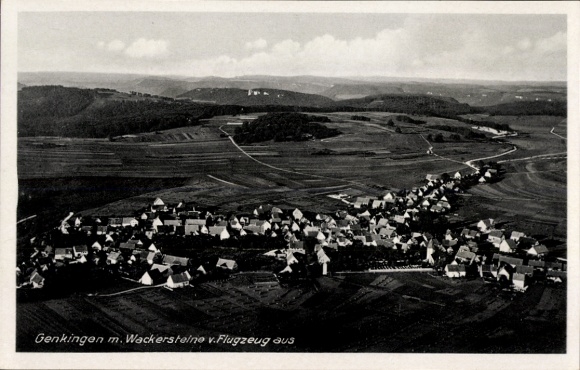 Postcard Genkingen Sonnenbühl in Württemberg, aerial view of Wackersteine, village view, landscape