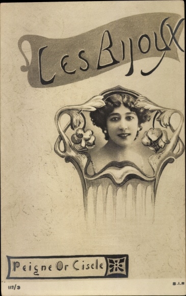 Jugendstil Foto Ak Peigne or Cisele, Les Bijoux, Haarkamm mit Frauenportrait