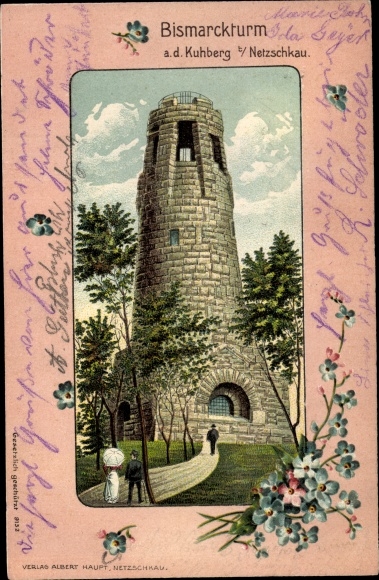Präge Litho Netzschkau im Vogtland, Bismarckturm, Vergissmeinnicht