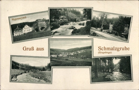 Postcard Schmalzgrube Jöhstadt Erzgebirge, Hammerwerk, Part by the stream, partial views