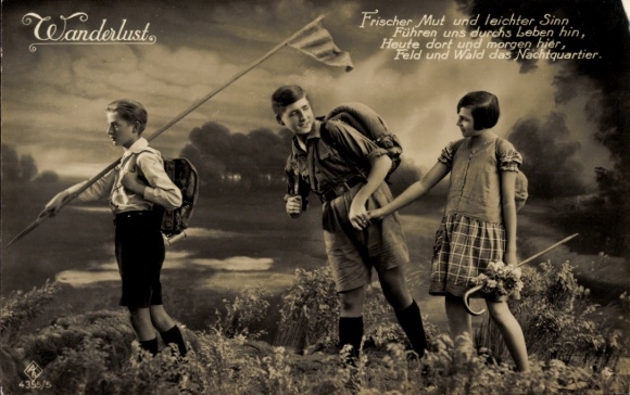 Postcard Wanderlust, hikers, children, fishermen, courage and lightheartedness...