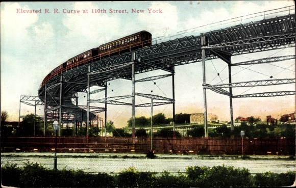 Postcard New York City USA, Elevated RR Curve at 110th Street
