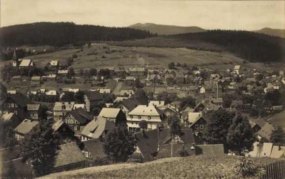Postcard Stützerbach Ilmenau Thuringian Forest, panorama of Stützerbach, village landscape, mountains in the H
