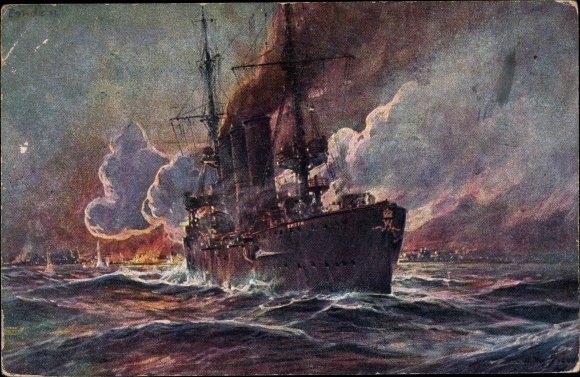 Artist PC Stöwer, Willy, SMS Emden fires at Madras, cruiser, Imperial Navy, I. WW