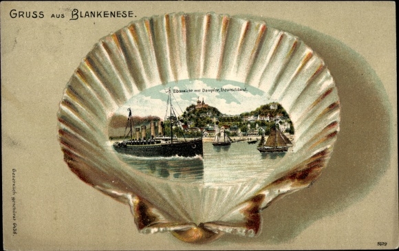 Präge Muschel Litho Hamburg Altona Blankenese, Elbansicht mit Dampfer Deutschland