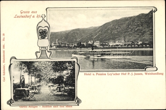 Postcard Leutesdorf on the Middle Rhine, view of the Rhine, gardens, Hotel Ley'scher Hof