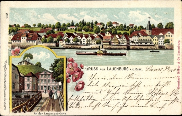 Chromo-Litho Lauenburg on the Elbe, at the Landungsbrücke, panorama, saloon steamer