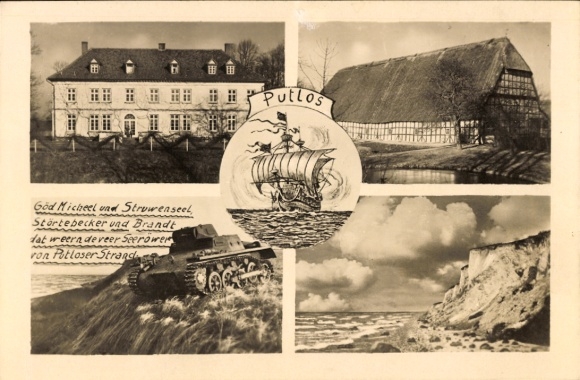 Postcard military training area Putlos near Oldenburg in Holstein, tank, half-timbered building, cliff