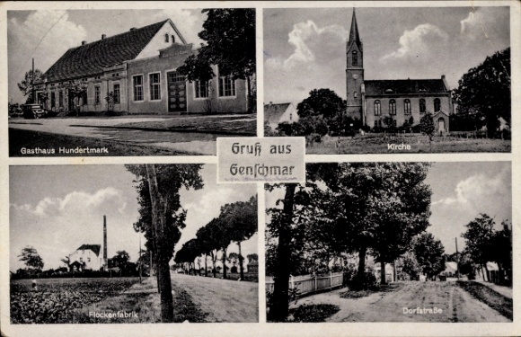 Postcard Genschmar im Oderbruch, church, inn Hundertmark, flake factory, village street