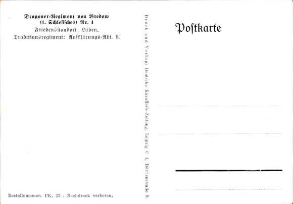 Artist Postcard Merté, Oskar, 1st Silesian Dragoon Regiment von Brebow No. 4, Reconnaissance Detachment 9