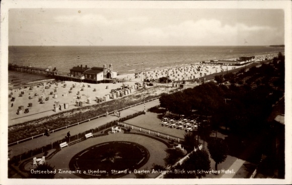 Postcard Ostseebad Zinnowitz on Usedom, Ostseebad Zinnowitz, beach, gardens, view of Schwebes