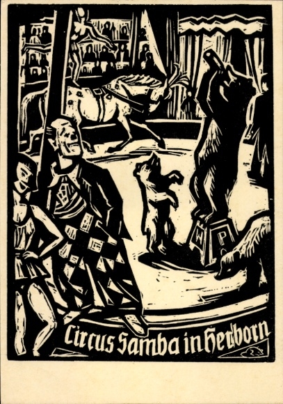 Artist Postcard Pfeiffer, W., Herborn in Hesse, Circus Samba, circus, clown, bears, woodcut