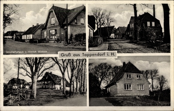 Postcard Tappendorf in Schleswig Holstein, city views, commercial building, owner H. Wieben, street section