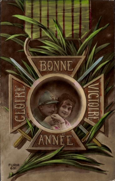 Ak Glückwunsch Neujahr, französischer Soldat, Frau