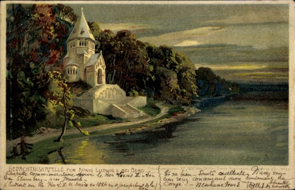 Kunstenaar litho Diemer, Zeno, Starnberger See Opper-Beieren, Koning Ludwig II-herdenkingskapel