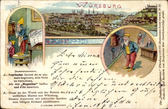 Litografia Würzburg, widok ogólny, krasnoludki w telefonie, reklama, arkusz reklamowy, praktyczny przewodnik