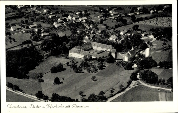 Postcard Wessobrunn in Upper Bavaria, monastery and parish church with Roman tower, aerial photograph