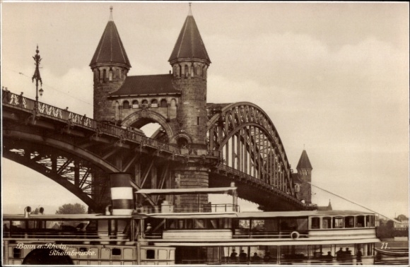 PC Bonn on the Rhine, bridge with towers, ship on the Rhine, old photograph