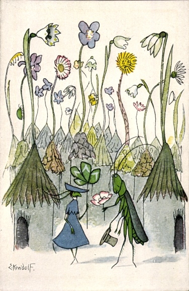 Artist Postcard Kreidolf, Ernst, grasshopper couple, congratulator, art steward picture card no. 205