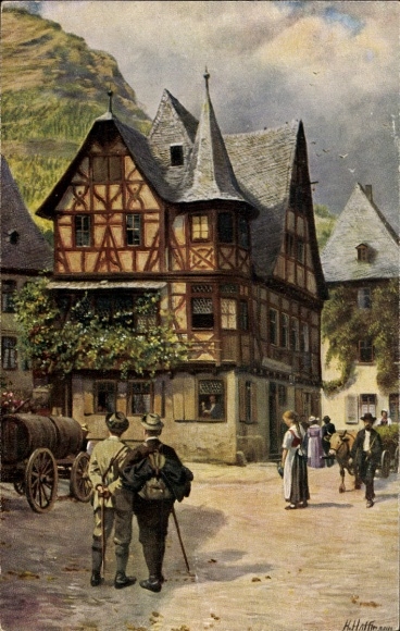 Bacharach am Rhein, historic half-timbered house, people on the way, horse and carriage