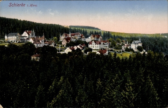 Postcard Schierke Wernigerode in the Harz, view of Schierke with many houses and hotels, surrounded by...