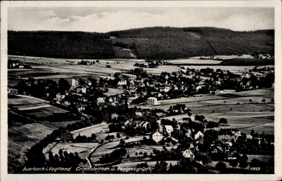 Postcard Auerbach im Vogtland, landscape photograph, village view, fields and forests,