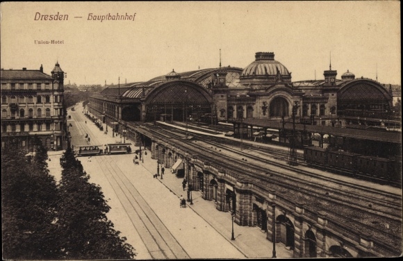 Postcard Dresden Altstadt Seevorstadt, main station, Union Hotel, tram