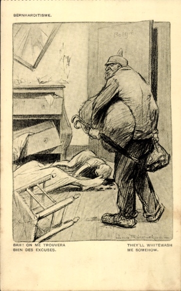 Artist Postcard Raemaekers, L., Bernharditisme, German raid on Belgium, 1. WW