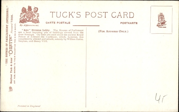 Artist Postcard Flower, Charles E., London, House of Comons, The Ave Division Lobby, Tuck 7906