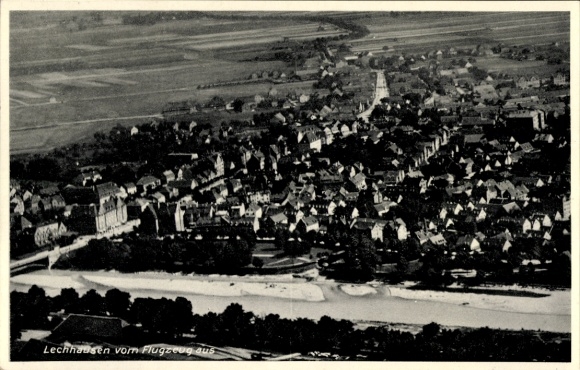 Postcard Lechhausen Augsburg in Swabia, aerial view of residential building, river