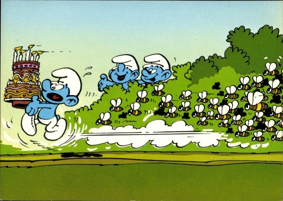 Postcard The Smurfs, bees, birthday cake
