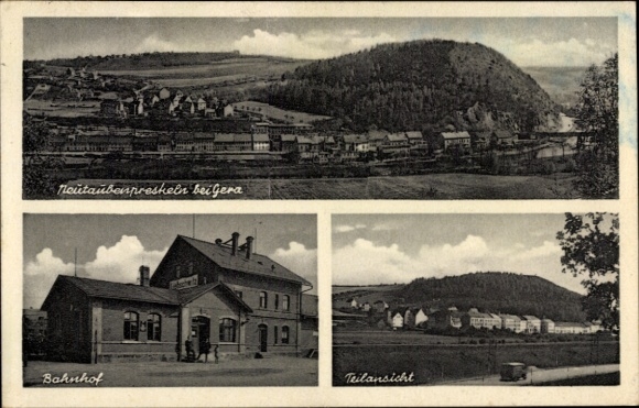 Postcard Neu Taubenpreskeln Gera in Thuringia, general view, train station, partial view